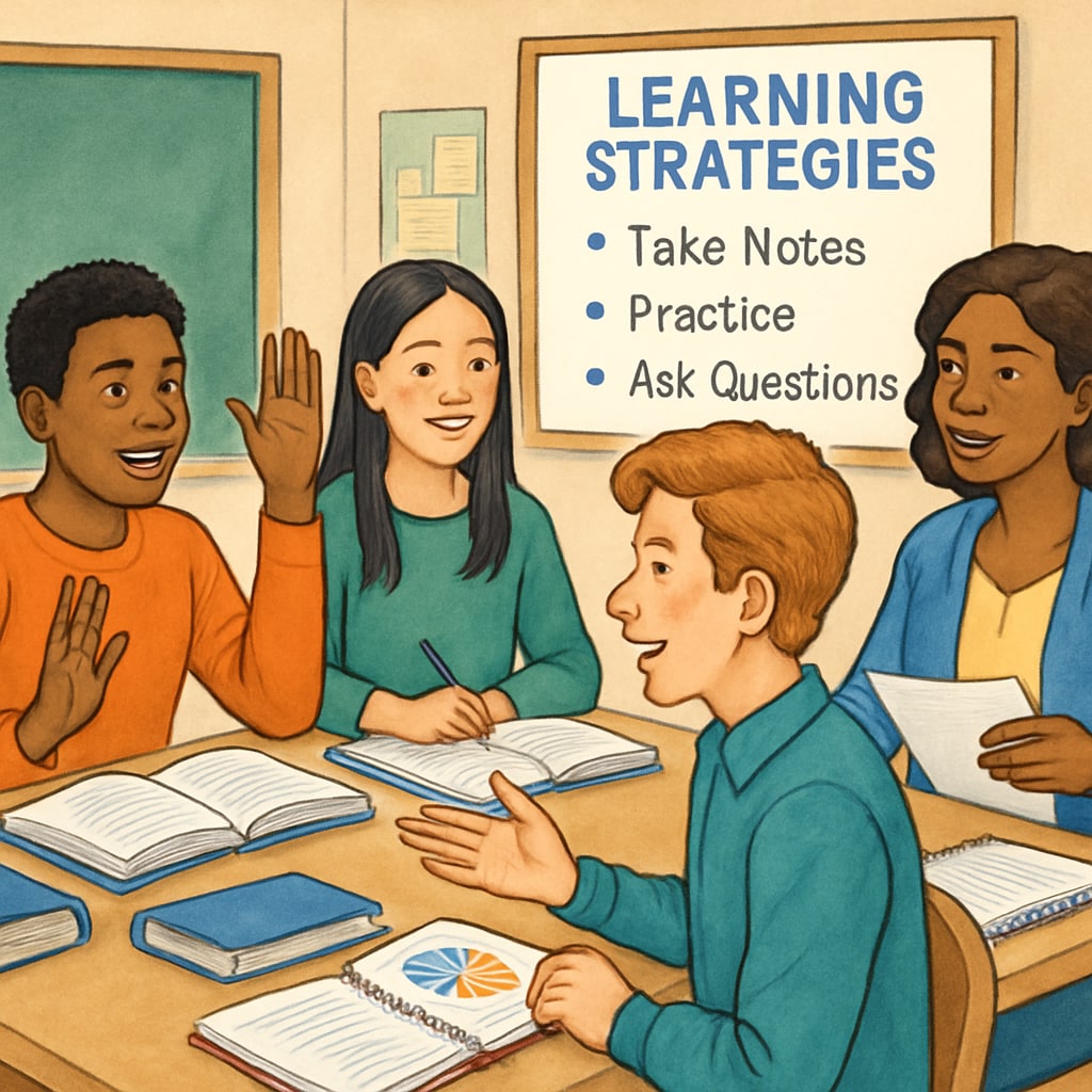 Students discussing learning strategies in a classroom environment.