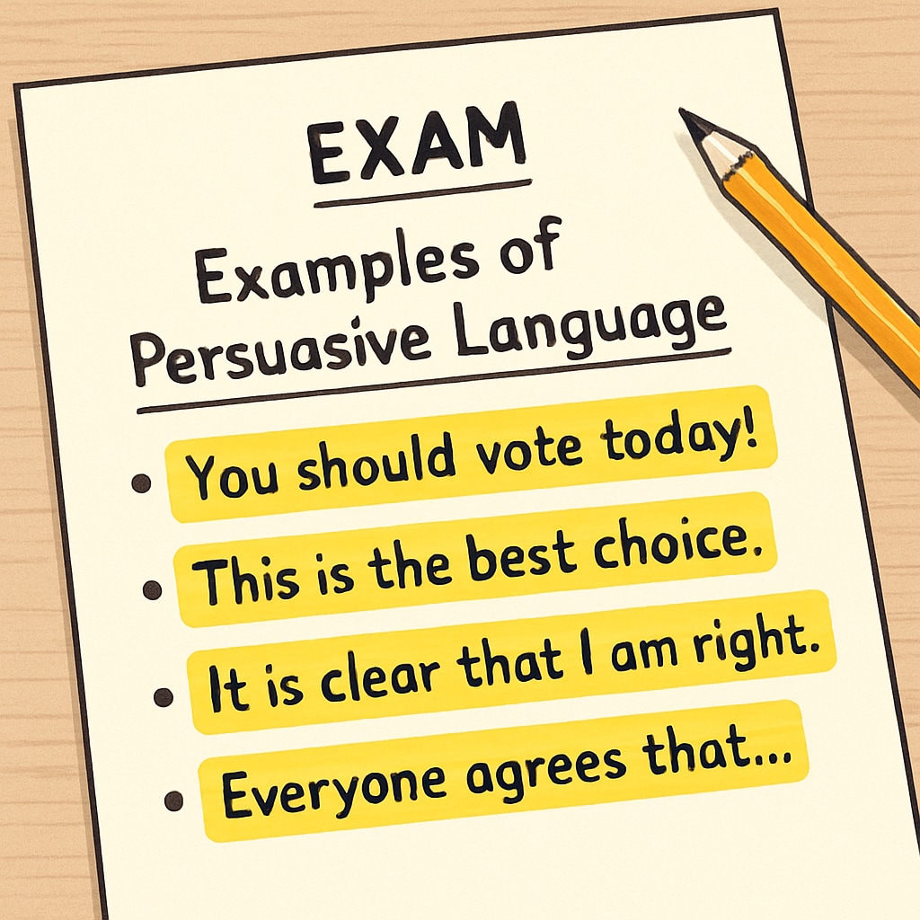 Close-up of an exam paper with highlighted text, showing examples of persuasive language. Highlighted persuasive language in Functional Skills English Reading exam.