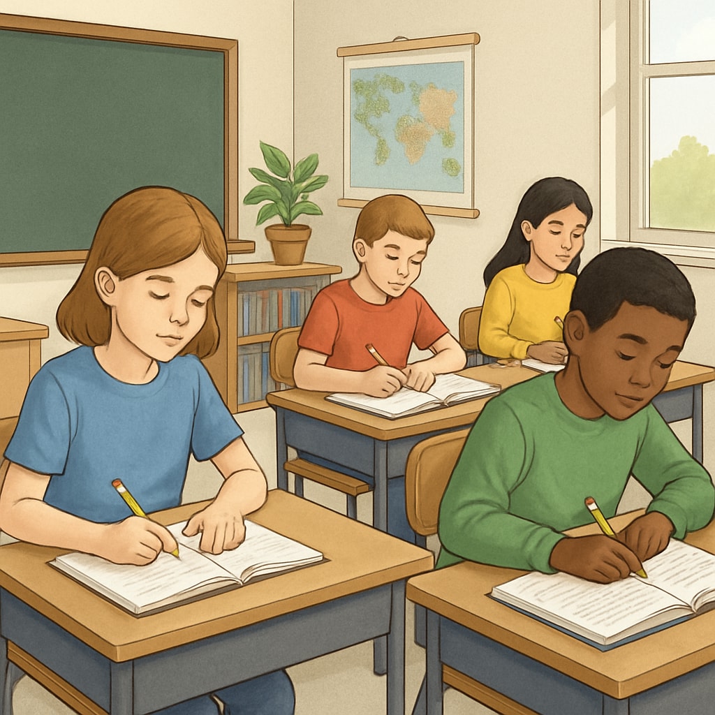 Students in a classroom concentrating on their tasks without cellphones.