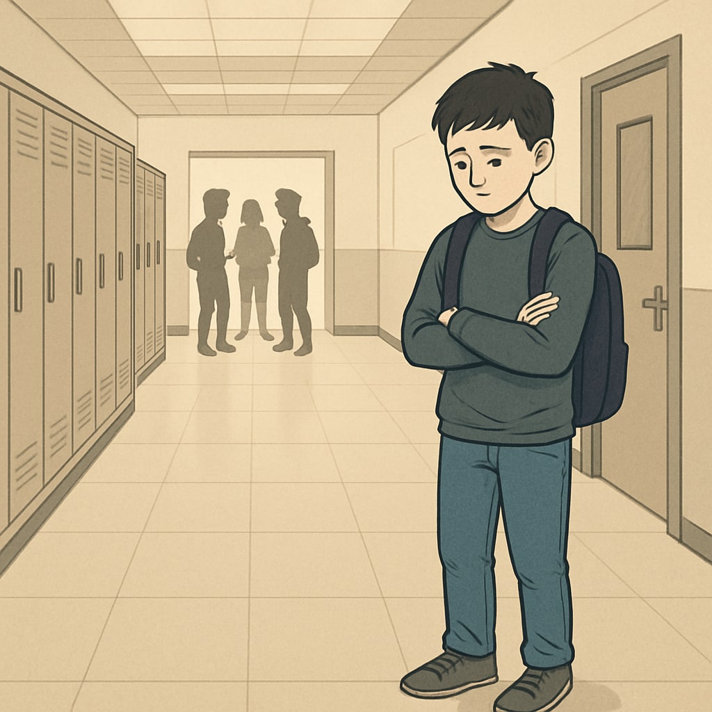 Transgender student standing alone in school hallway, symbolizing exclusion.