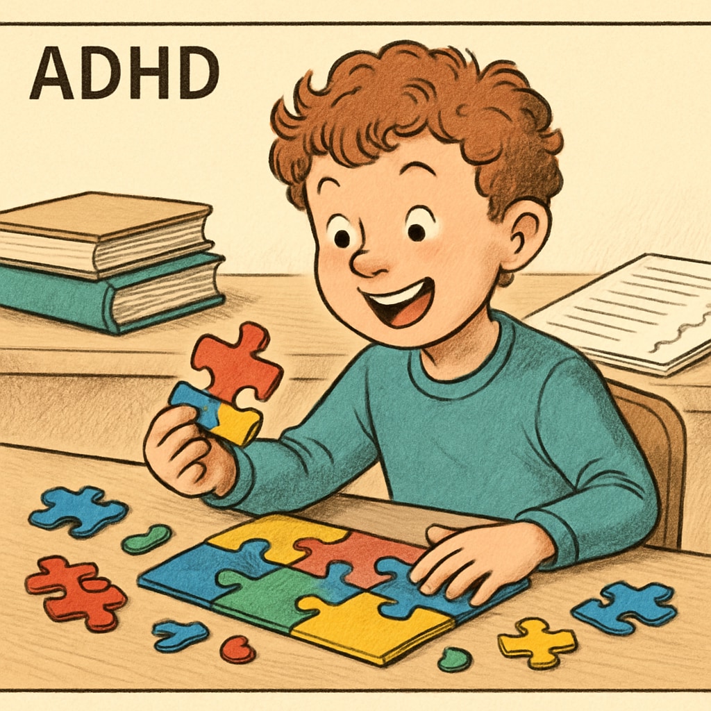ADHD student showcasing creativity amidst traditional academic tools.