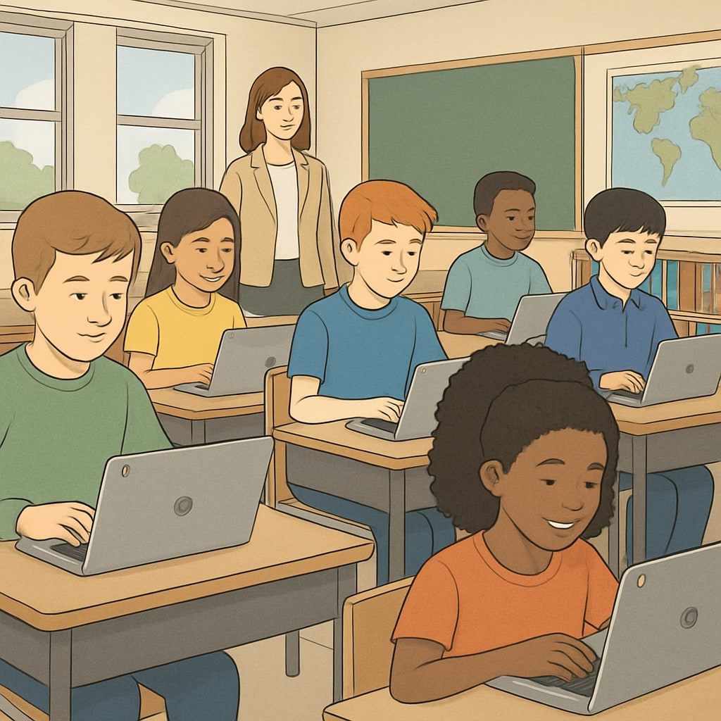 Students in a classroom using Chromebooks to support learning processes.