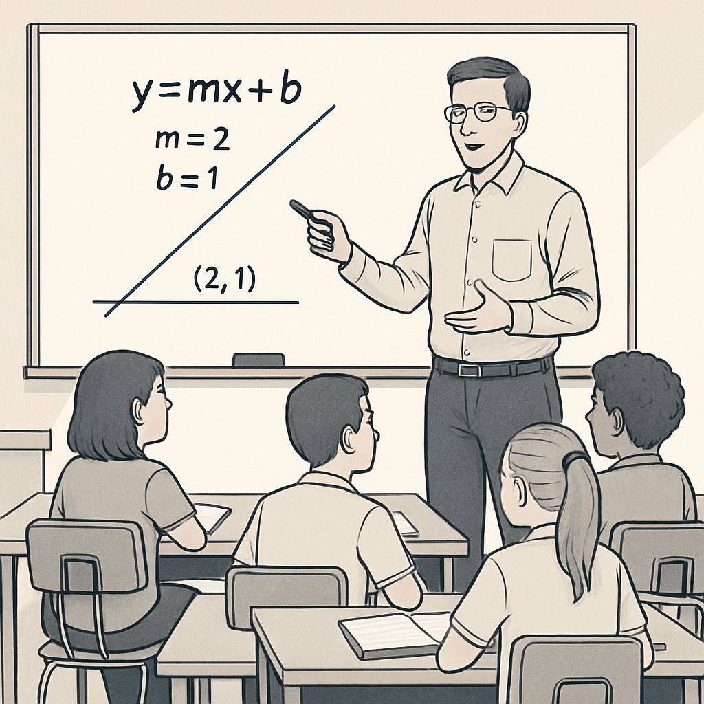 A classroom with a teacher explaining a math concept to engaged students. A teacher engaging students with math education strategies in a classroom.