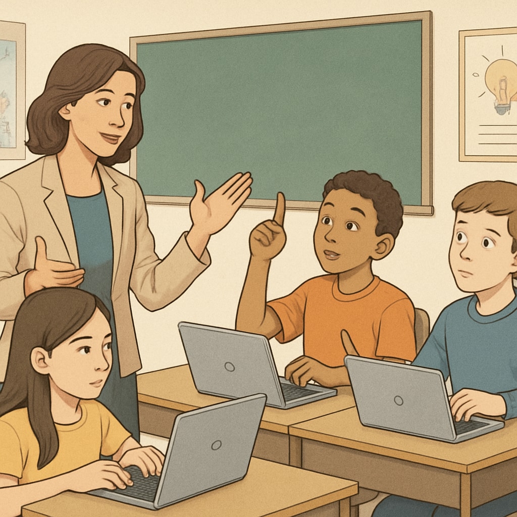 A teacher facilitating a discussion with students using Chromebooks to enhance critical thinking.