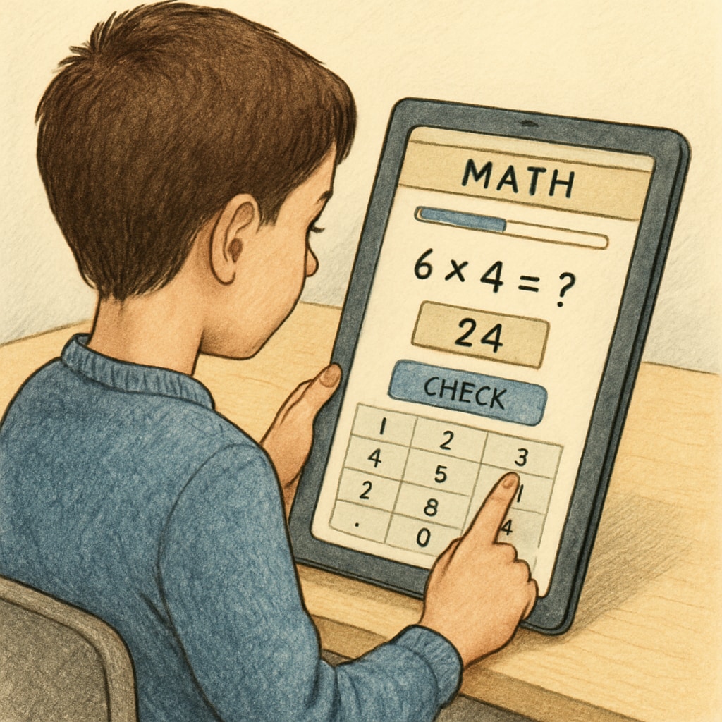 A student using a tablet to explore an interactive math app. Student exploring math education and learning motivation through an interactive app.