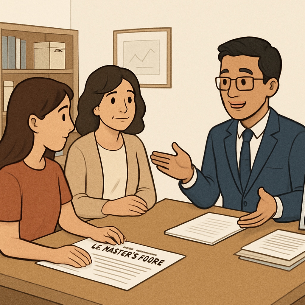 Student and parent planning for a U.S. master’s degree with a counselor.