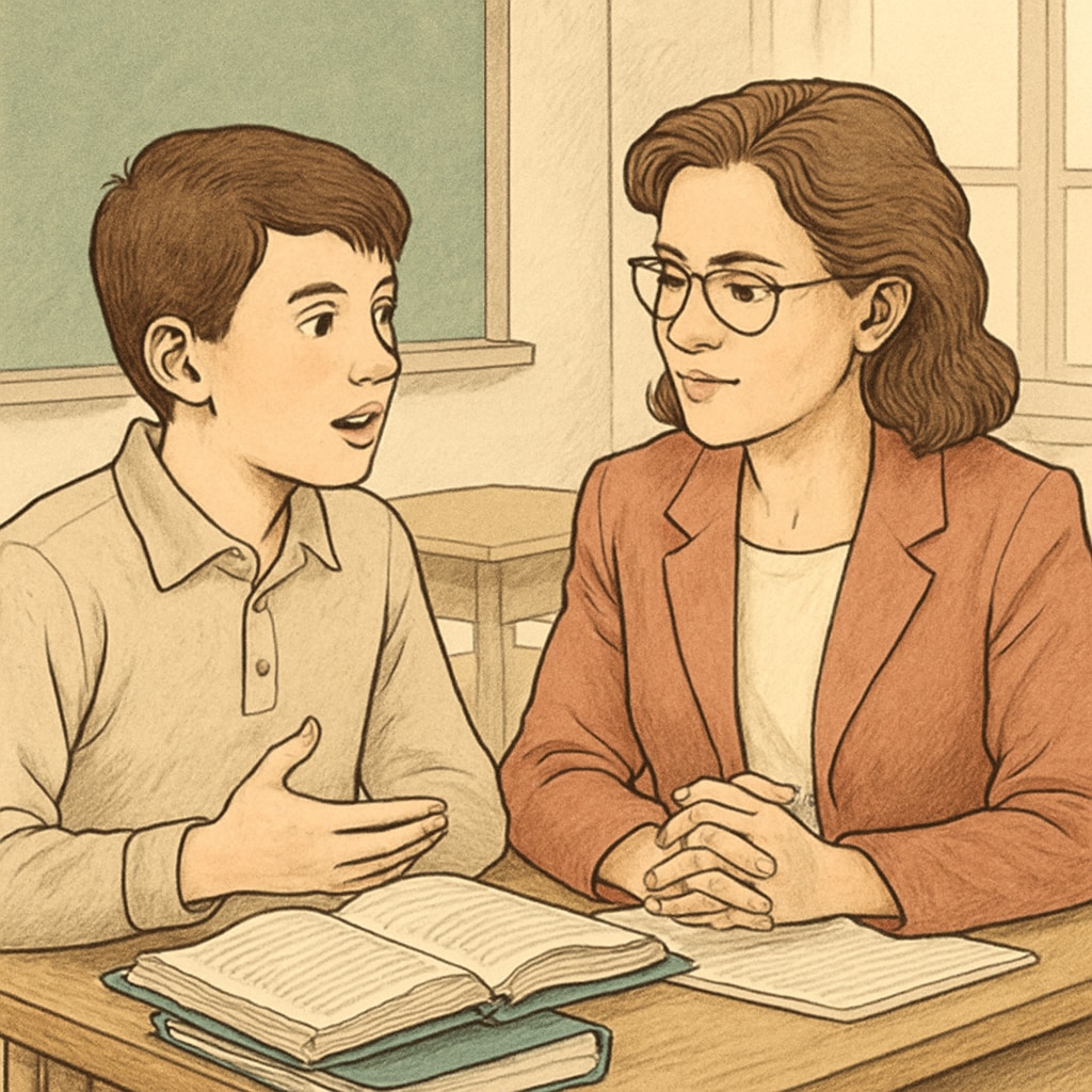 A teacher attentively listening to a student during a classroom discussion, symbolizing respect and mutual understanding. A teacher listening to a student in class, showcasing respect in education.