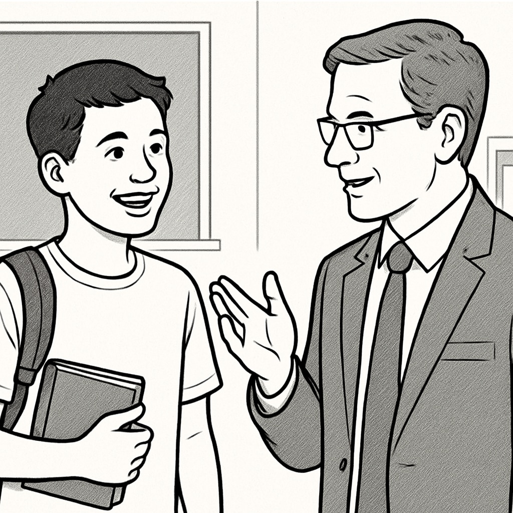 A close-up of a student smiling as they talk to a teacher, representing mutual respect and open communication. A student and teacher in conversation, illustrating teacher-student respect.
