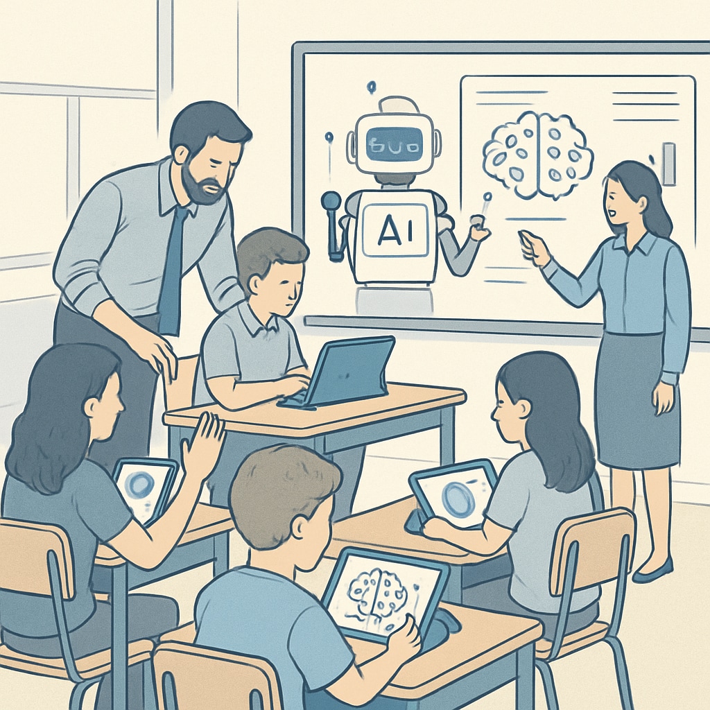 AI-powered classroom with teachers and students interacting with technology.