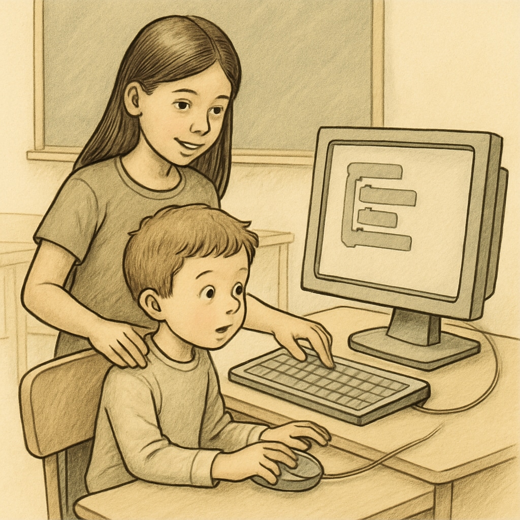 Fourth-grade student helping kindergarten child with computer activity during partnership project.