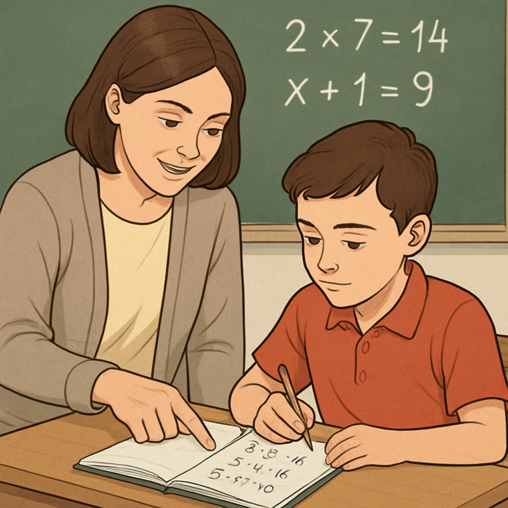 Teacher helping a student understand math concepts.