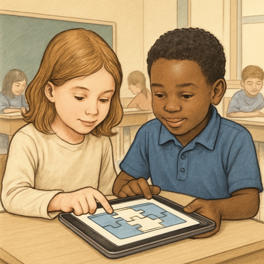 Kindergarten and fourth-grade students completing a digital puzzle together as part of a cross-age activity.