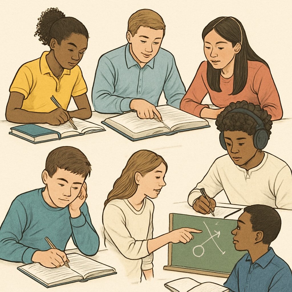 A diverse group of students actively engaged in various learning activities, representing different study techniques. Students exploring various study methods as part of a research survey on K12 learning strategies.
