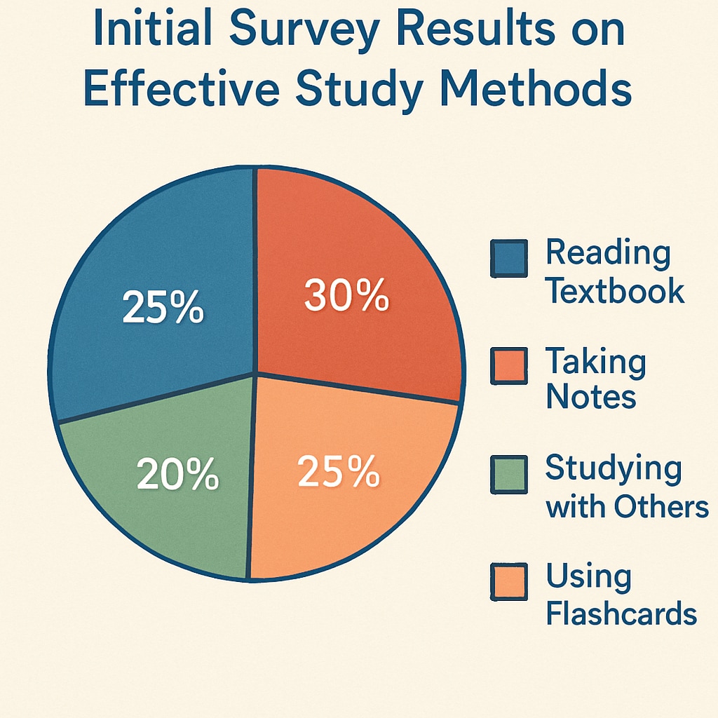 A visual representation of data collection, such as a pie chart showing initial survey results on effective study methods. Initial survey results visualized in a pie chart, showcasing trends in K12 study methods.