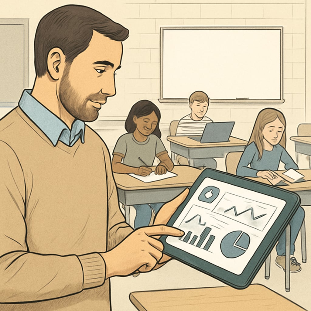 Educator utilizing digital tools for real-time learning evaluation.