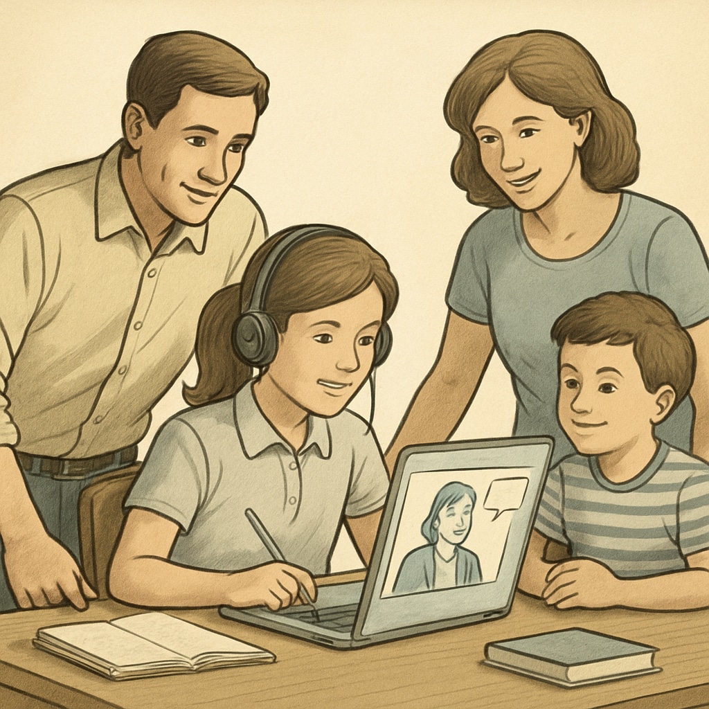 A family collaborating on a child’s online school project, showing the benefits of online public schools.