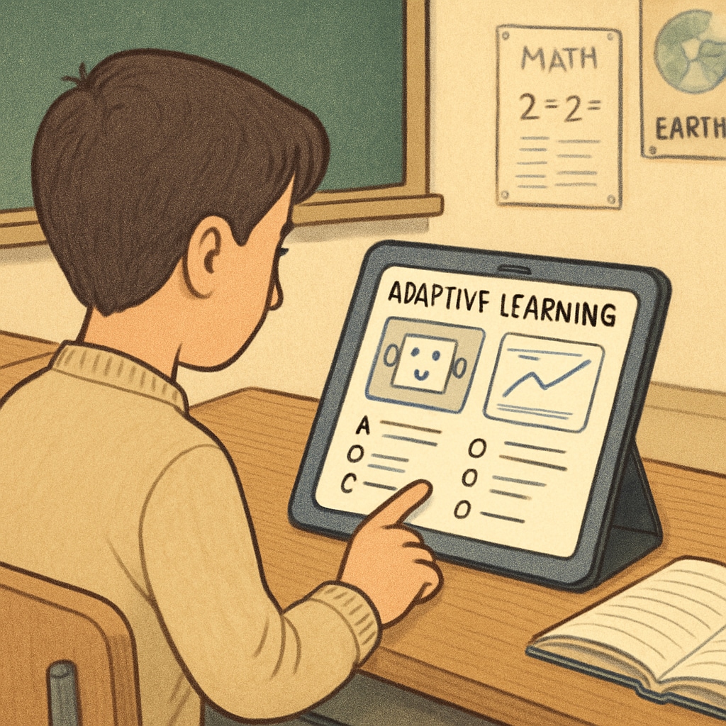 A student interacting with AI-driven adaptive learning tools in a classroom.