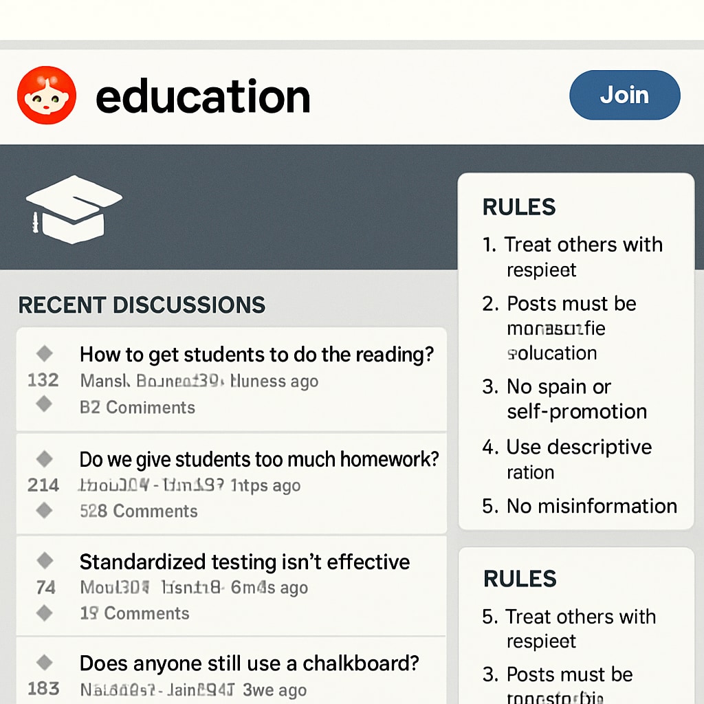 Reddit education subreddit homepage highlighting community rules and discussions.
