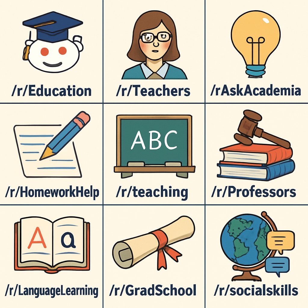Subreddit icons illustrating the range of education topics on Reddit.