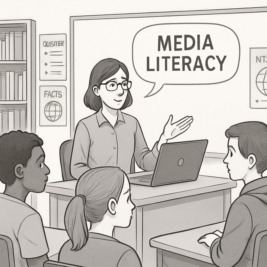 Teacher using AI tools for media literacy instruction in a high school classroom.