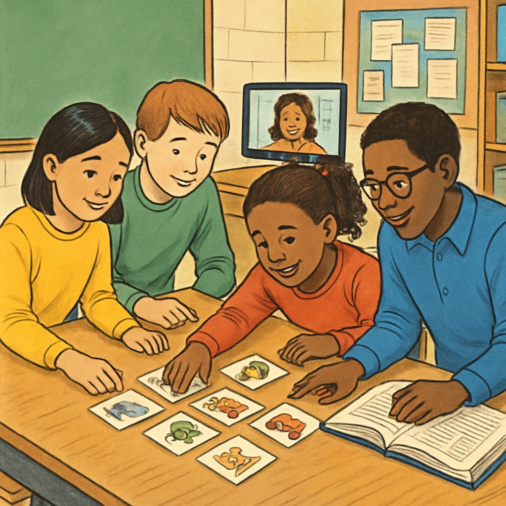 Students working on Zoom and ReZoom teaching activities with picture cards.