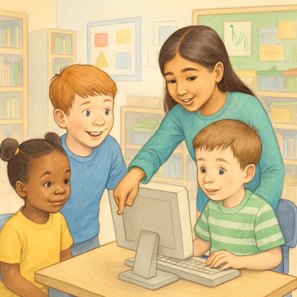 Kindergarten and fourth-grade students collaborating on a computer activity.