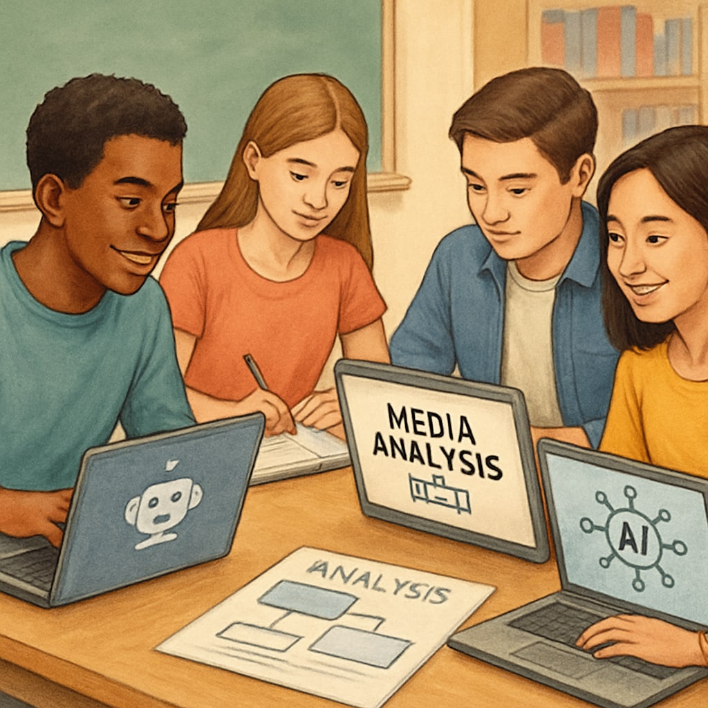 High school students using AI tools for media literacy and critical thinking exercises.