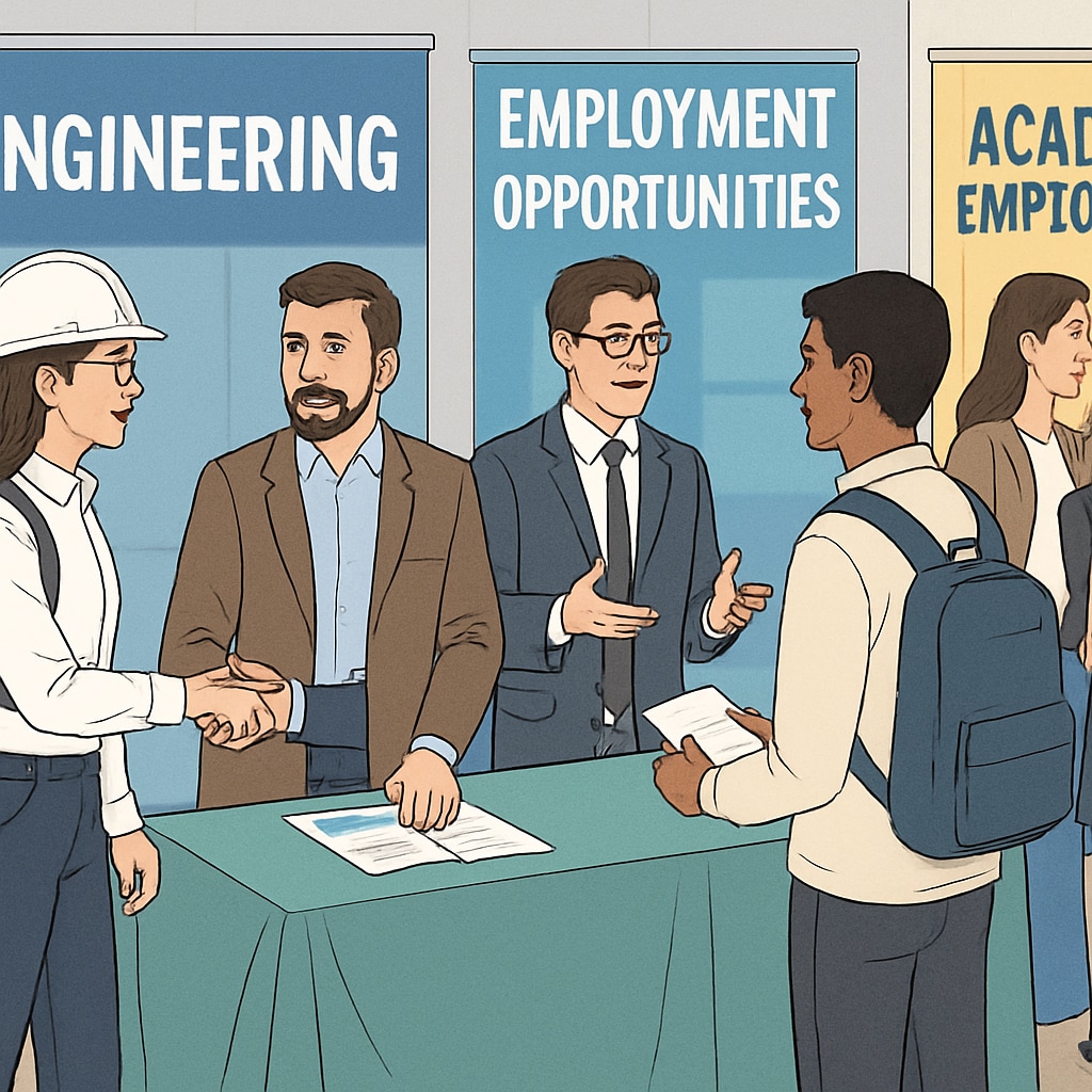 Career fair for engineering students discussing job opportunities after MEng or MSc degrees.
