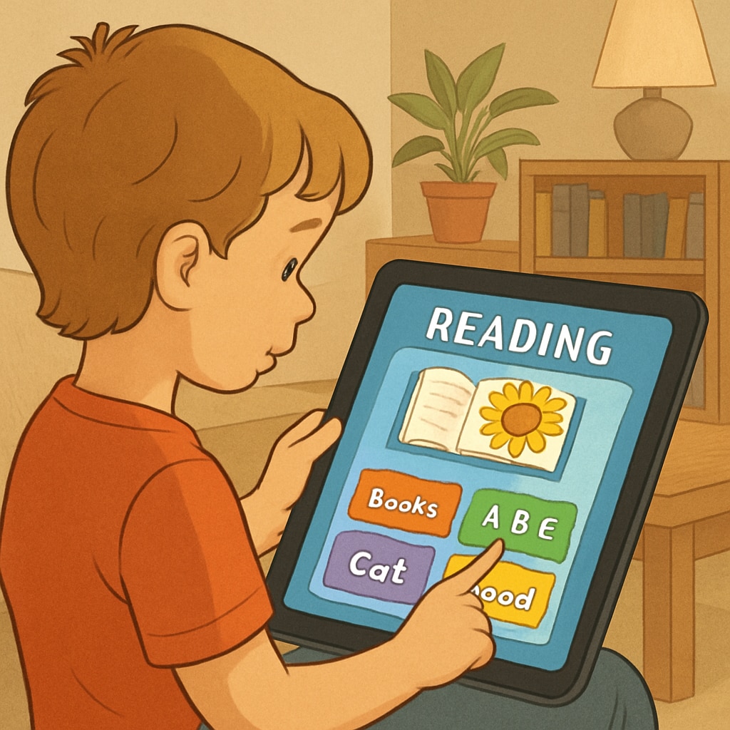 Child exploring an interactive Android reading app for kids.