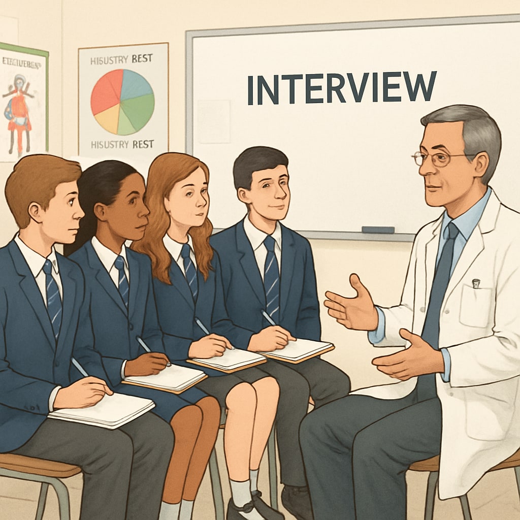 Students interviewing a doctor as part of a medical career exploration school project.