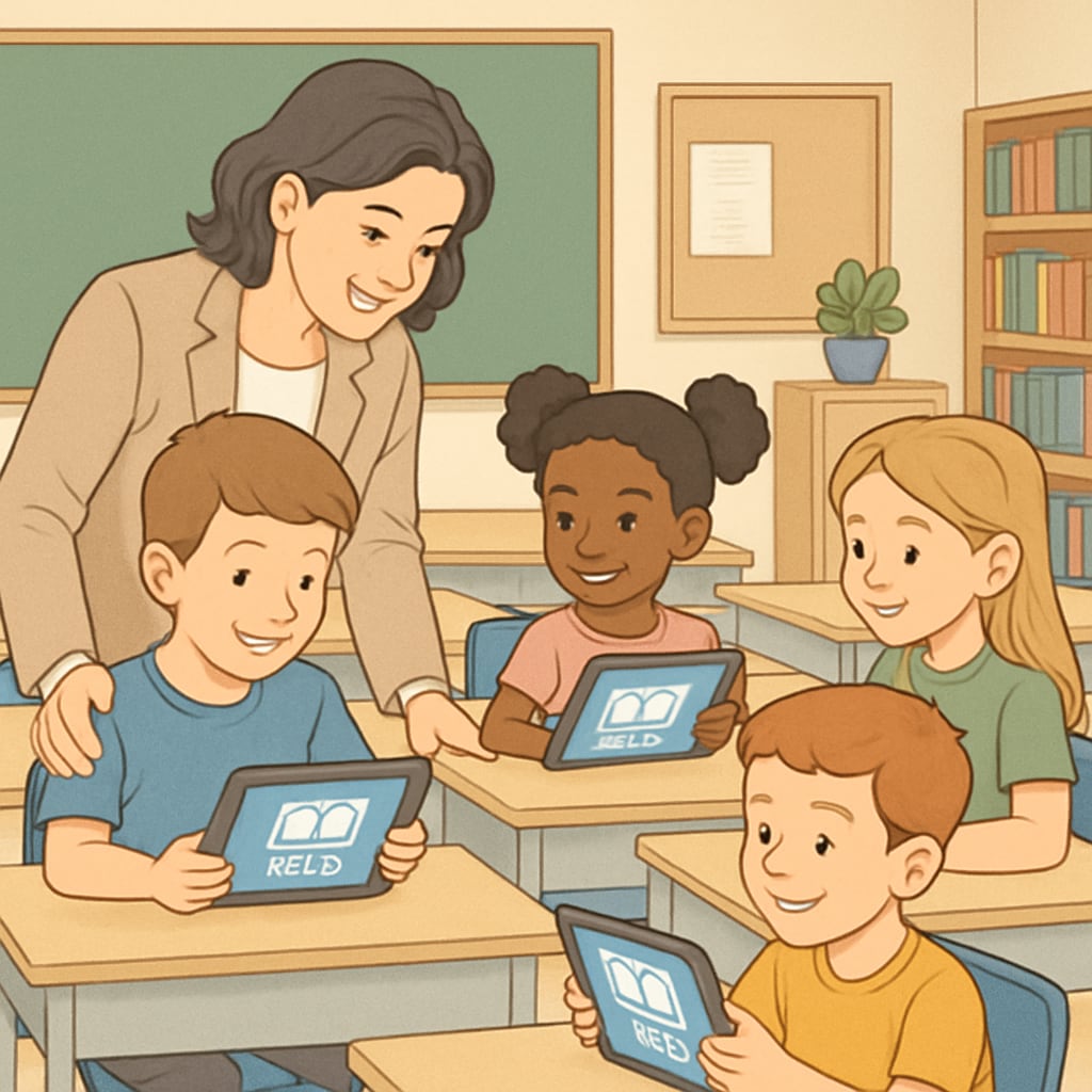 Teacher helping kids use a literacy app on tablets in a classroom.