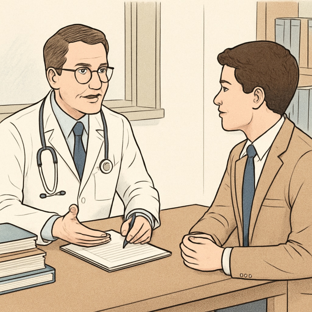 A medical professional discussing their career with a student during a school project.