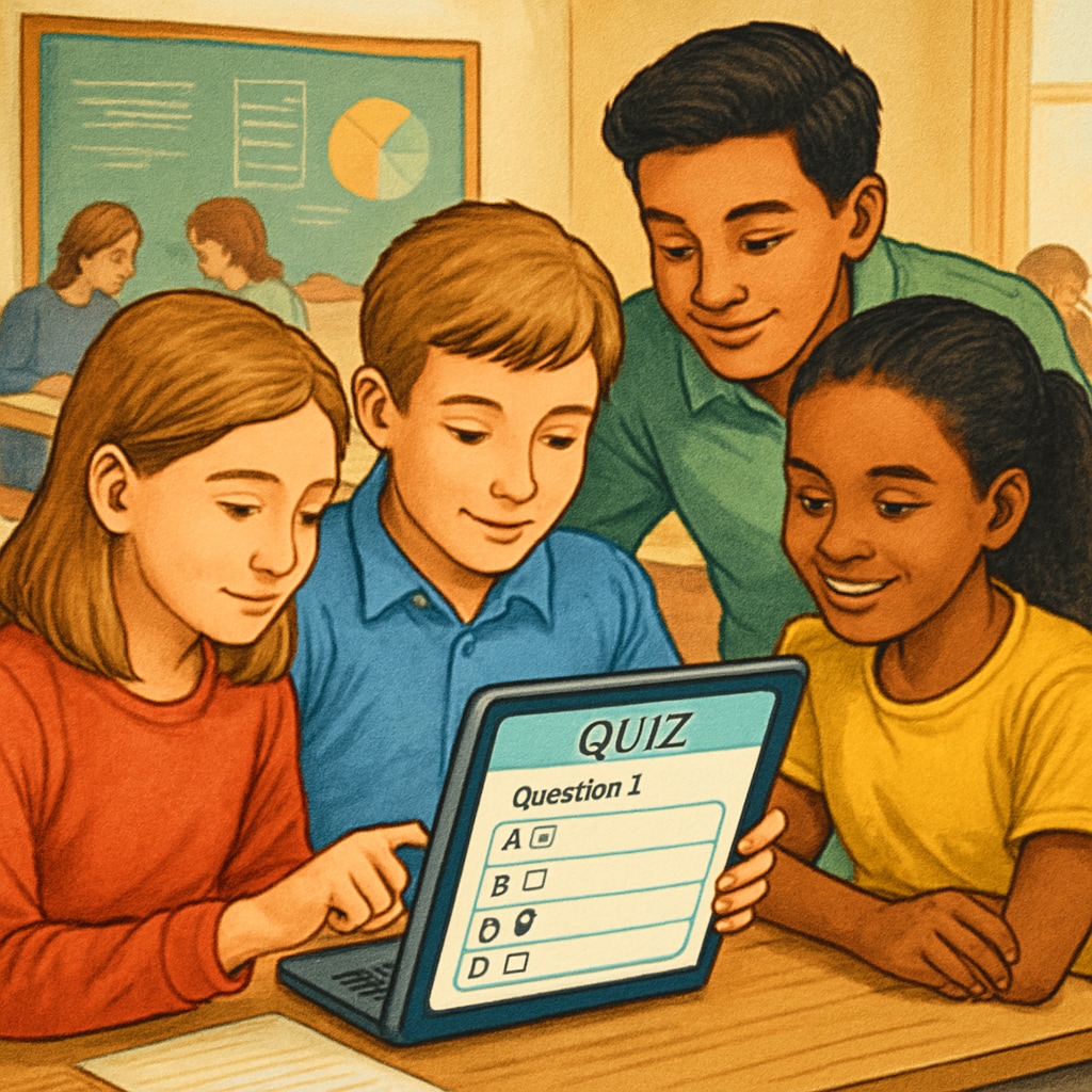 Students engaging with interactive quiz resources in a classroom.
