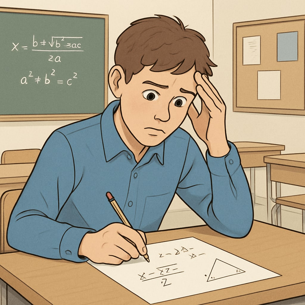 A high school student sitting at a desk, looking anxious during a math exam. Math anxiety during exams, student stress in classrooms.