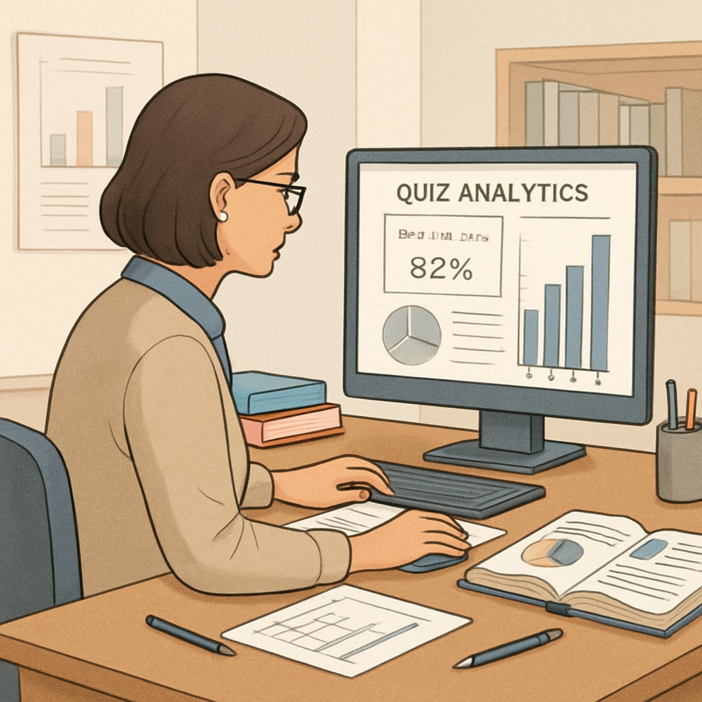 Teacher analyzing student performance using quiz tool analytics.