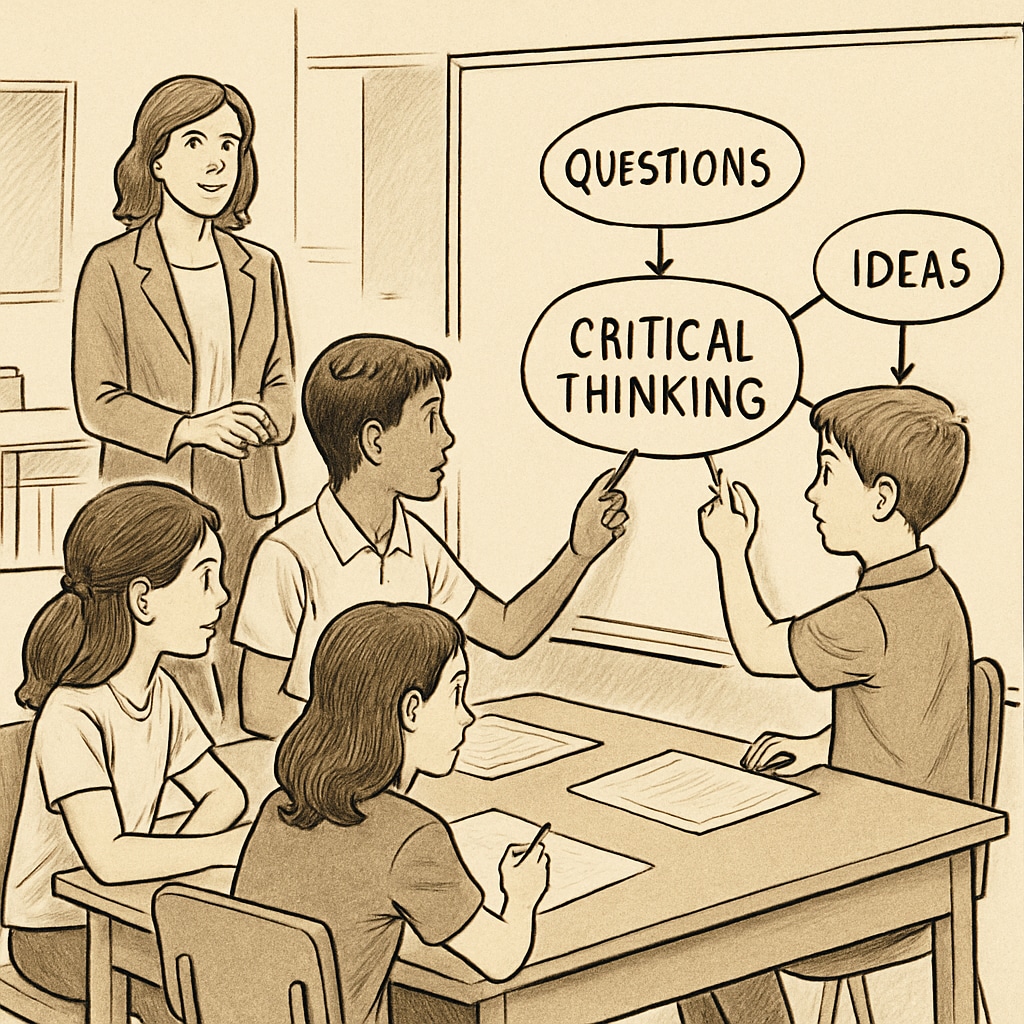 Students brainstorming ideas on a whiteboard during a critical thinking exercise