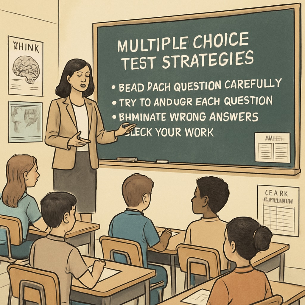 A teacher explaining multi-choice strategies to a group of students in a classroom setting. Multi-choice strategies for math exams, classroom teaching methods.