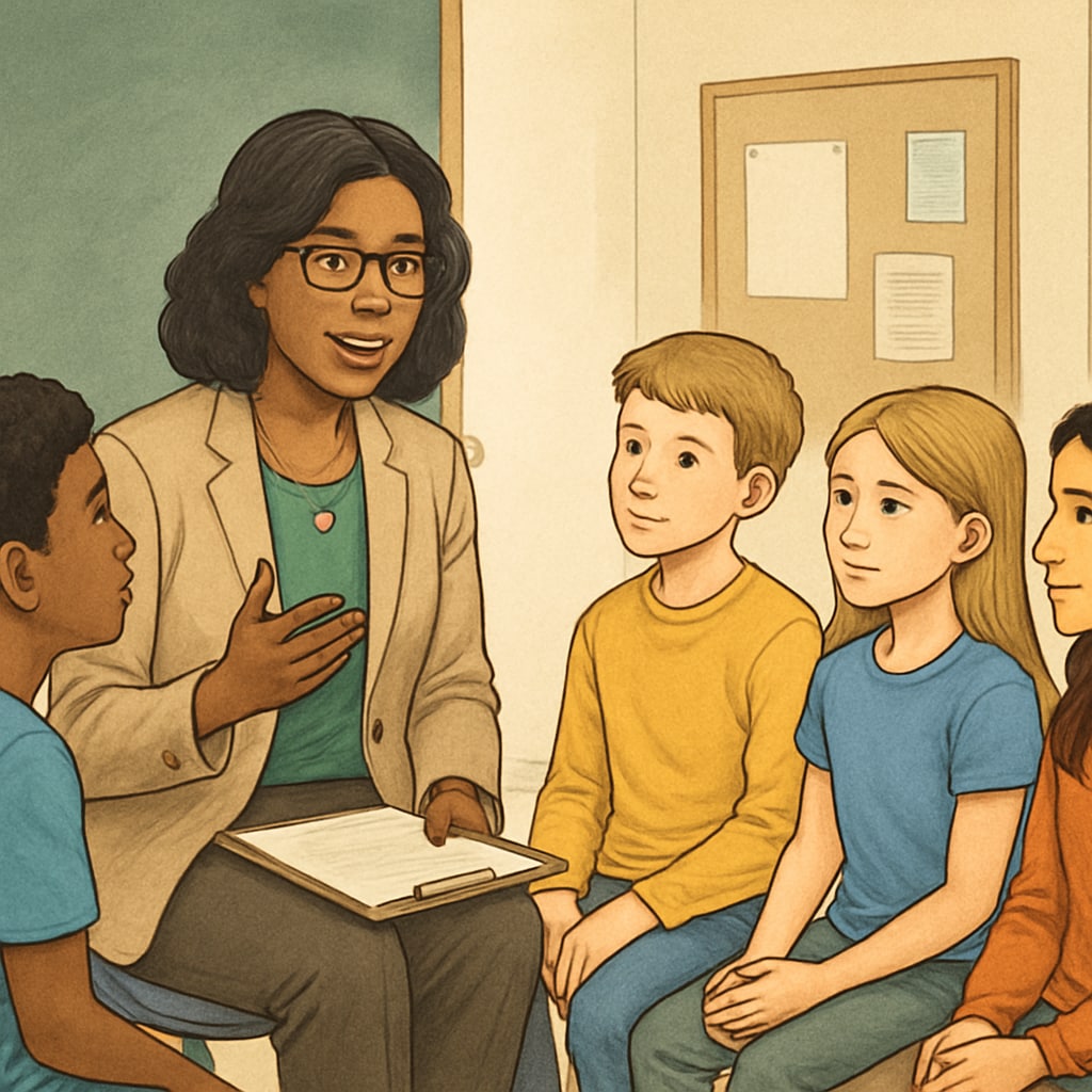 School counselor interacting with students during a classroom discussion.