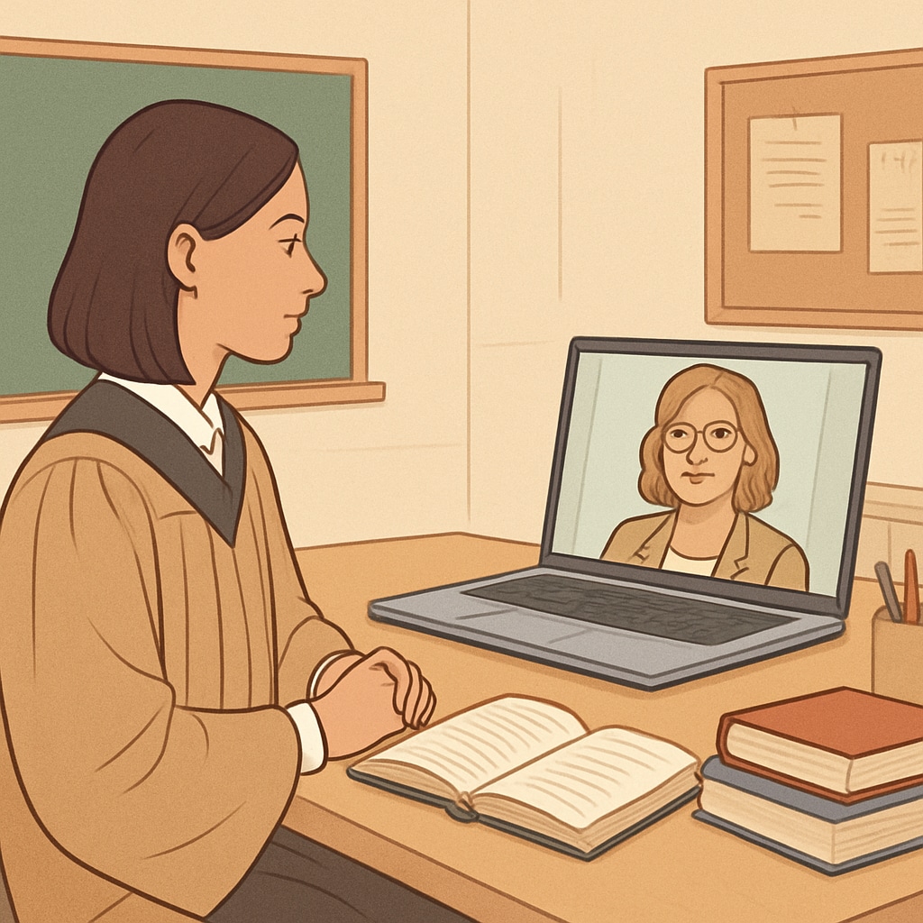 Graduate student interviewing a school counselor online for research purposes.