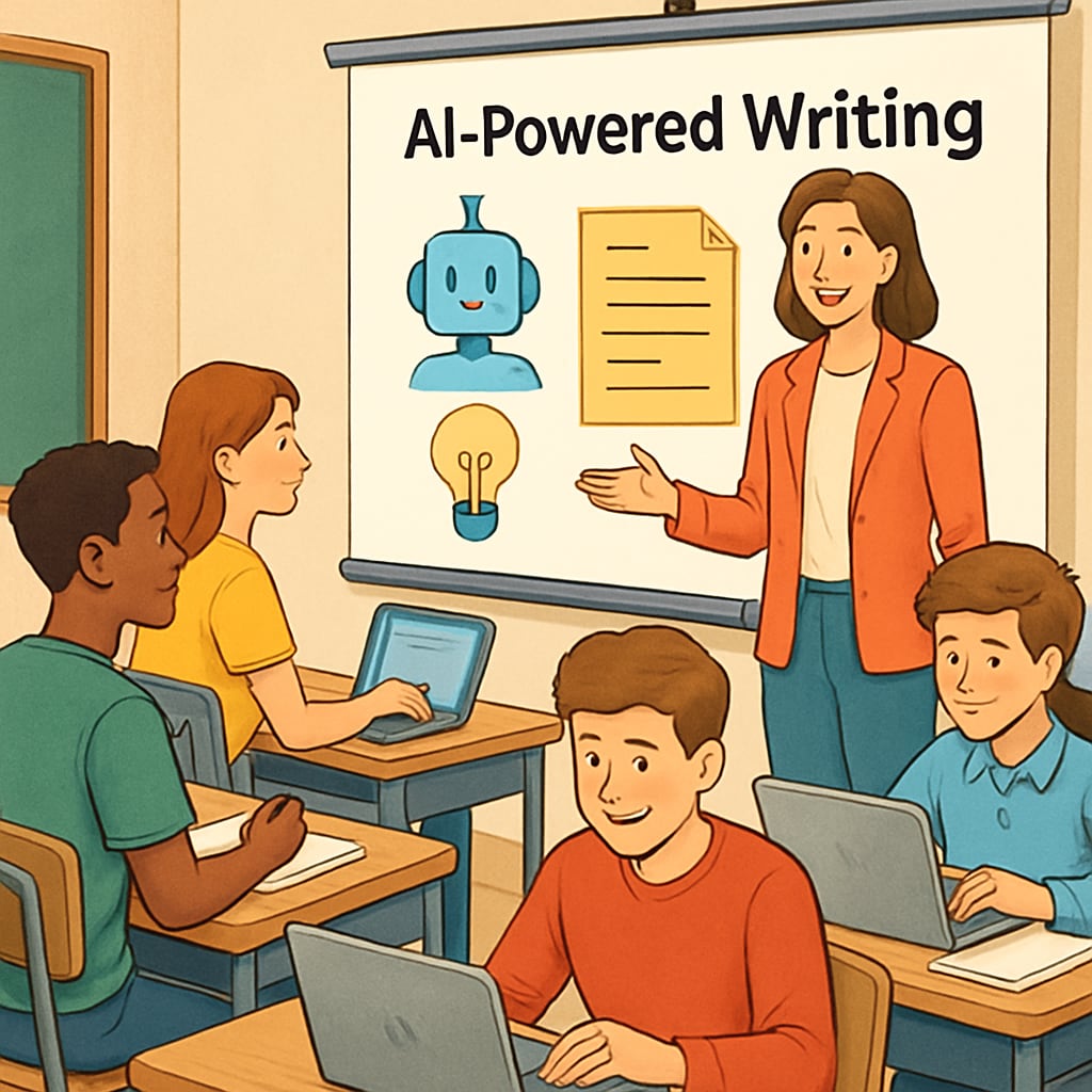 High school students engaged in AI writing prompts for media literacy and visual storytelling.