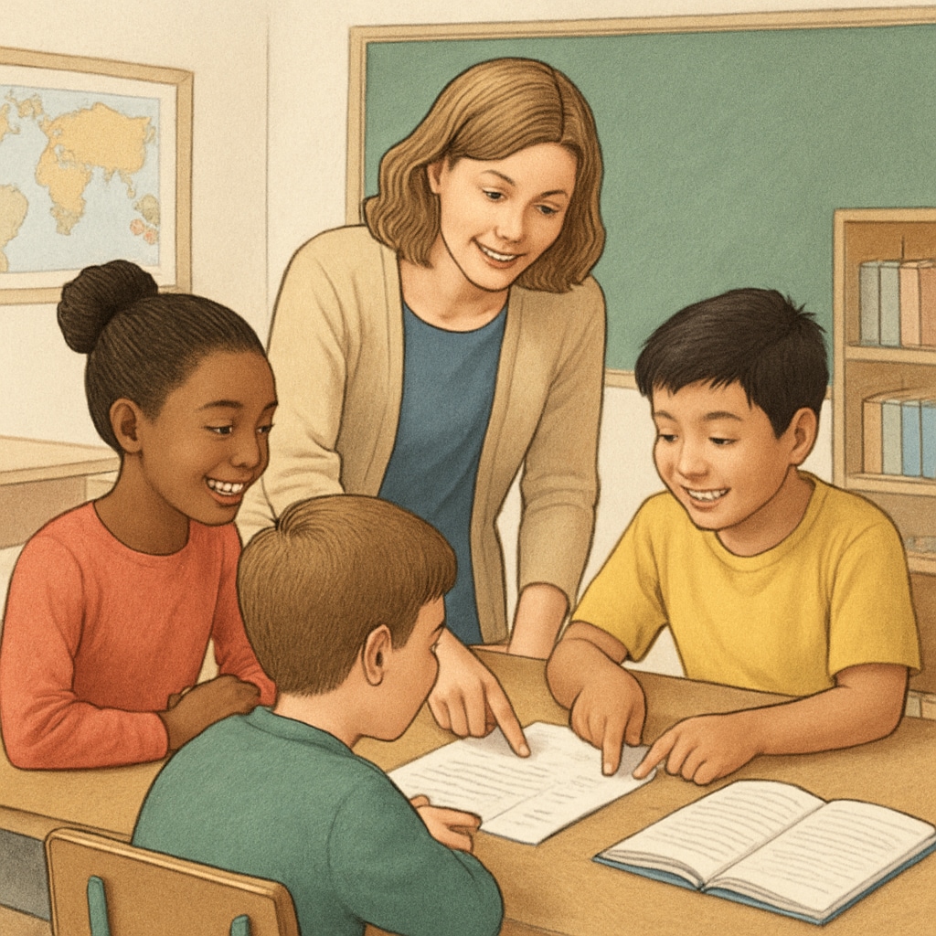 A teacher fostering a supportive environment, emphasizing empathy in education methods.