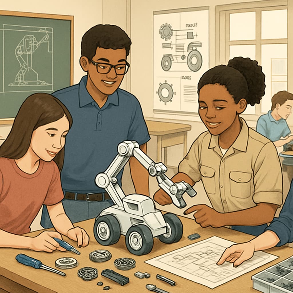 Students in a classroom working on a robotics project that integrates vocational and academic learning.