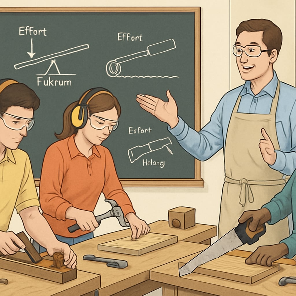 Students in a workshop learning carpentry, with a focus on integrating practical skills and physics concepts.