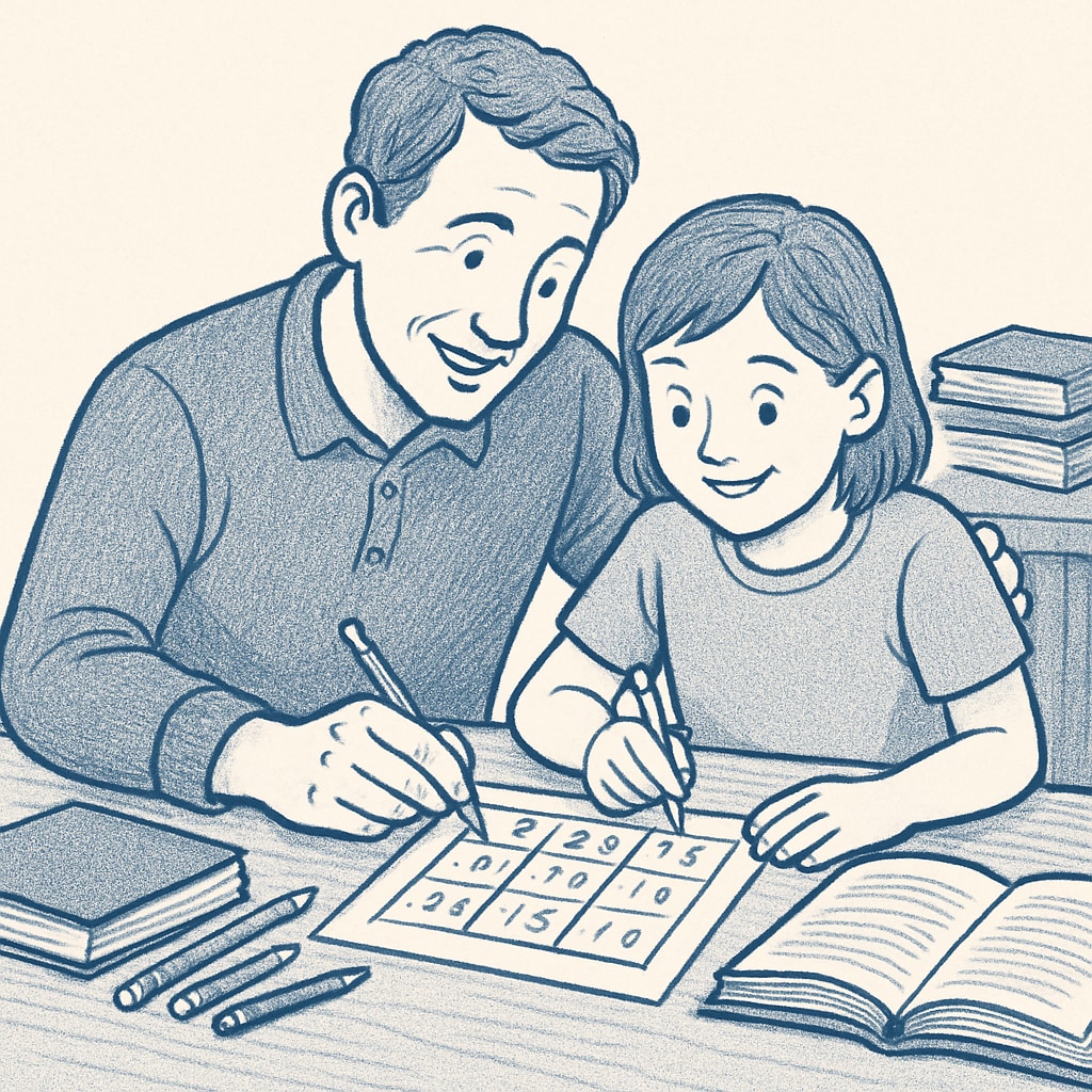 Parent and child working on a math activity together.