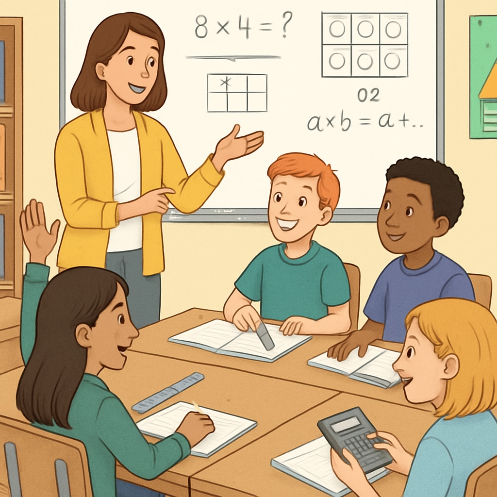 Teacher and students participating in a hands-on math lesson.