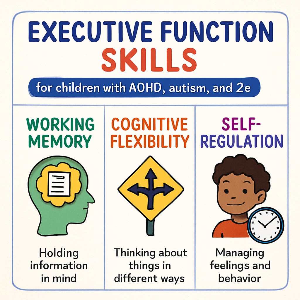 An infographic on executive function skills for ADHD, autism, and 2e children.