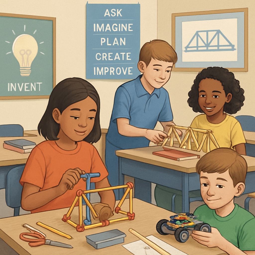 K12 students learning engineering principles in a hands-on classroom environment.