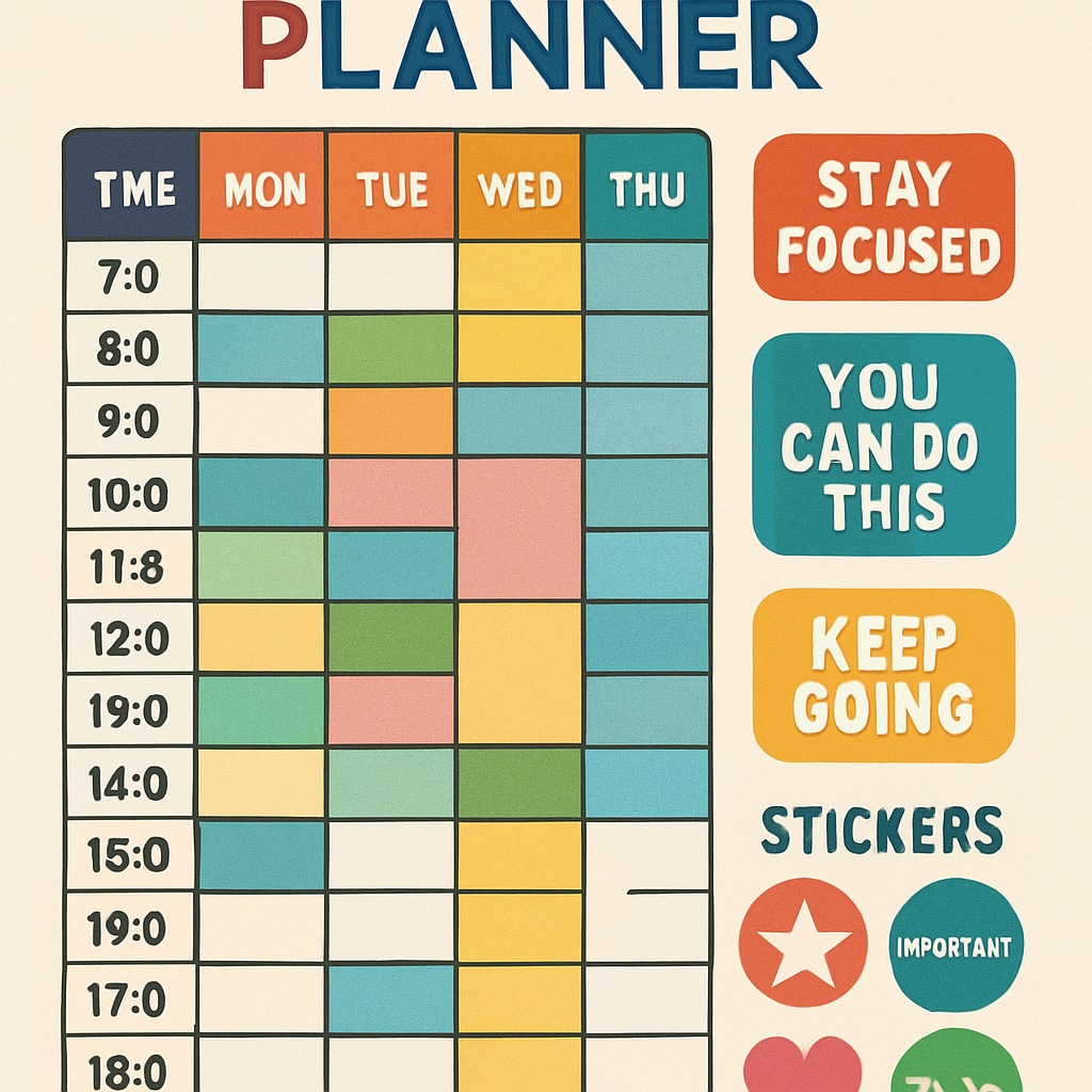 ADHD planner with time blocks and motivational quotes