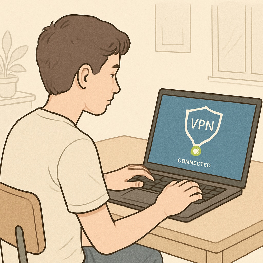 A teenager using a laptop with a VPN service running, symbolizing the bypass of online restrictions. A teenager bypassing online restrictions using a VPN, illustrating challenges with the UK's age verification laws.