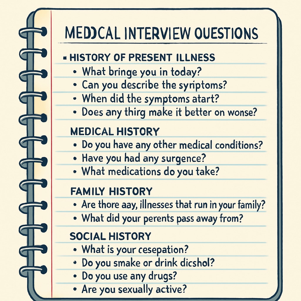 A notebook displaying a set of organized questions for a medical career interview.
